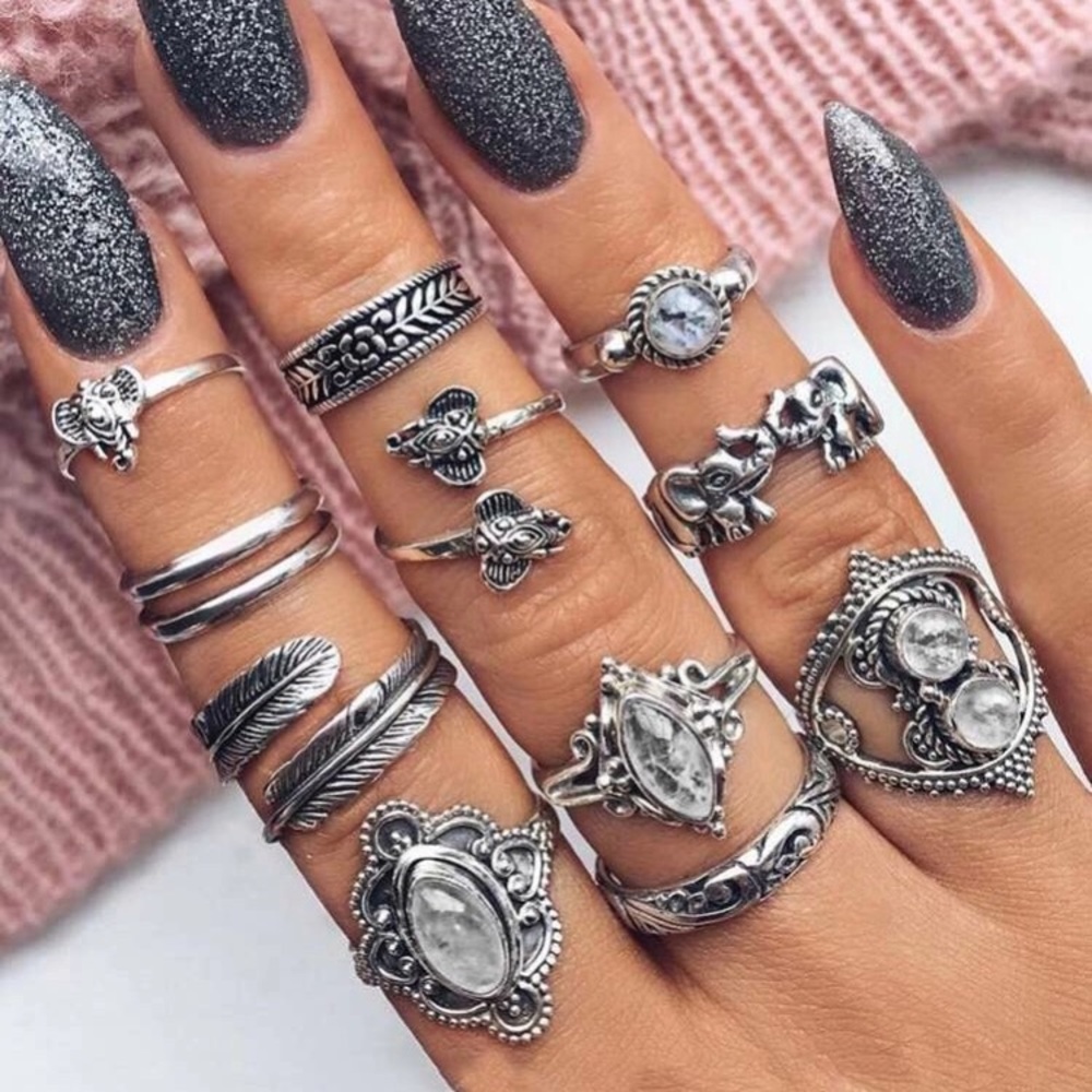 🐘 Set of 11 Costume BoHo Rhinestone Rings featuring elephant flower feather 🎀